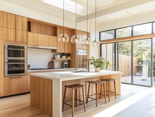 Fototapeta premium Modern kitchen design presents a beautifully crafted wooden interior and outdoor view