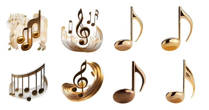 Elegant Musical Notes and Icons in Stylish Golden Design, isolated on transparent background