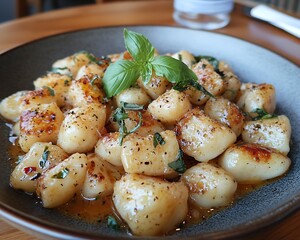 Pan-fried gnocchi, basil, restaurant