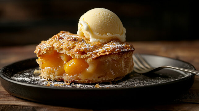 Delicious peach cobbler with ice cream for menu