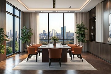 Fototapeta premium Modern conference room with large windows and city view, featuring a stylish table, chairs, and elegant interior design. 3D Rendering