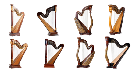 Collection of Various Beautiful Harps in Different Designs and Styles, isolated on transparent background