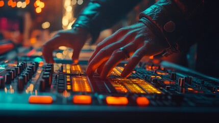Fototapeta premium DJ mixing beats live at a nightclub, hands on the turntable controller, with blurred lights and people enjoying the party