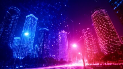 Vibrant city skyline at night with neon lights.