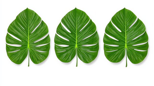 Three Large Green Monstera Leaves Isolated on White Background
