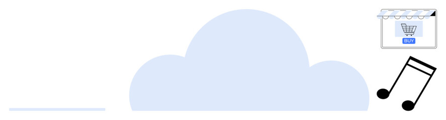Cloud with small music note and shopping cart images illustrates digital storage. Ideal for cloud computing, e-commerce, music streaming, online shopping, digital economy, data management, technology