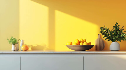 A modern kitchen counter with a perfectly organized fruit bowl on a pastel backdrop