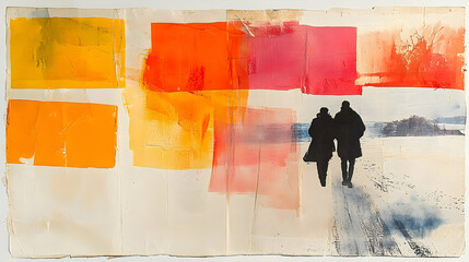 Abstract collage of two figures walking, vibrant colors on aged paper. Possible use Art print, greeting card