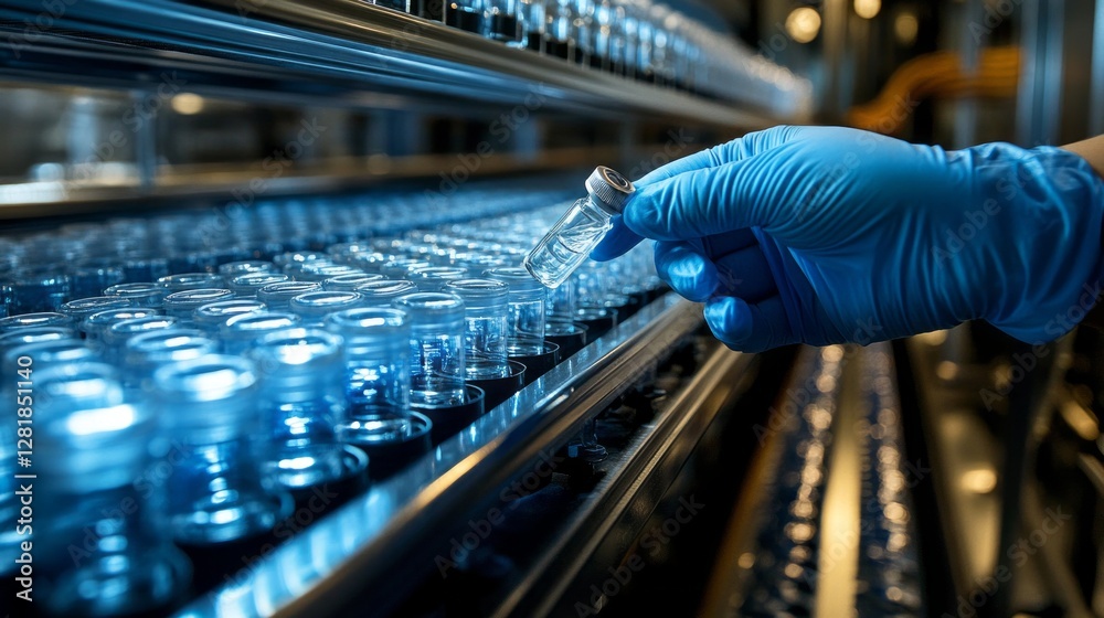 Poster in a sterile environment, a gloved hand reaches for a small glass vial among many neatly arranged in