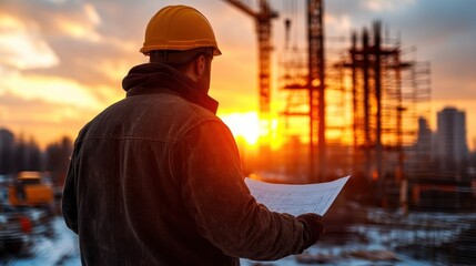 A builder stands at dusk with blueprints in hand, silhouetted against a vibrant sunset in a dynamic construction site, showcasing commitment to structure and integrity.