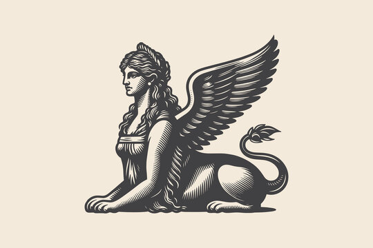 Naklejki Greek sphinx with eagle wings and lion body, vintage engraving icon