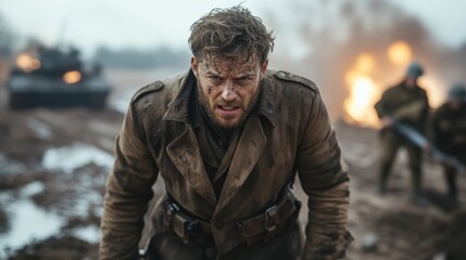 A weary soldier battles through a war-torn landscape, embodying the raw emotions of conflict, survival, and resilience amidst a chaotic background of flames and tanks.