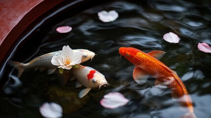 A serene pond scene featuring koi fish swimming gracefully among delicate flower petals, emphasizing tranquility and beauty in nature's design with soft colors reflecting the surroundings.