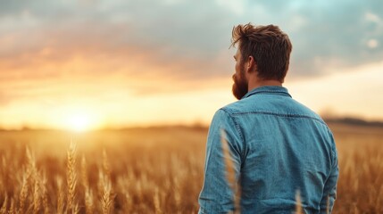 A bearded man stands against the backdrop of a warm sunset, capturing a moment of pure bliss and tranquility amidst the beauty of nature's evening palette.