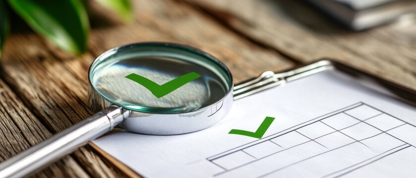 A clipboard rests on a wooden table, with a magnifying glass revealing a green checkmark on a form, symbolizing inspection and approval.