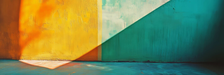 Vibrant duochrome texture of yellow green and blue wall with geometric shadow play