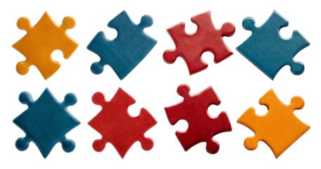Colorful Puzzle Pieces in Blue, Red, and Yellow Arranged Creatively, isolated on transparent background