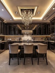 A Luxurious Kitchen Interior With A Crystal Chandelier Hanging Above
