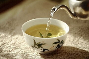 Tea being poured into a delicate porcelain bowl
