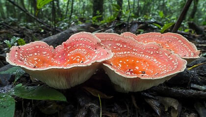Pink mushrooms rainforest floor