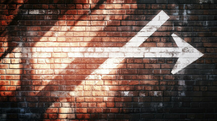 Industrial urban aesthetic with exposed brick wall and white neon arrow symbol