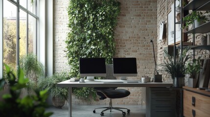 Fototapeta premium Biophilic workplace, contemporary office interior with living wall