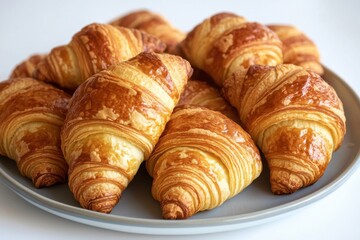 Fototapeta premium An appetizing pile of freshly-baked croissants on a round plate, showcasing their golden-brown, buttery layers, perfect for a delightful morning breakfast or brunch.