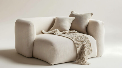 Minimalist decor featuring a neutral-toned throw and pillow on a pastel sofa