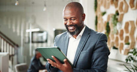 Businessman, financial report and thinking with tablet, digital budget and advice for customer...