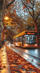 Obraz premium Autumn bus ride, city street, leaves