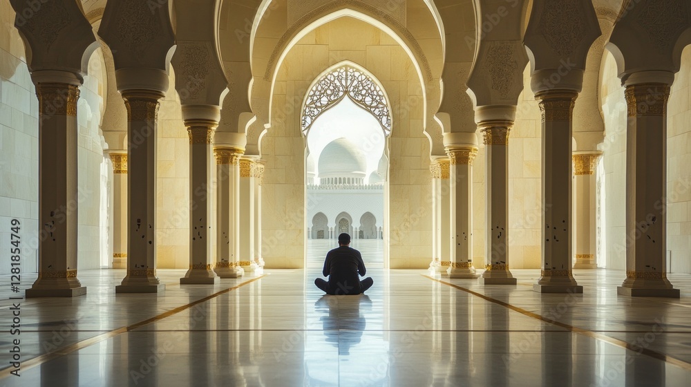 Poster in a tranquil mosque adorned with intricate arches, a devoted individual kneels in deep prayer, embo