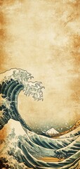 Aged parchment featuring traditional Japanese wave illustrations, softly worn with time