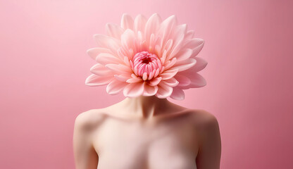 Female body with pink flower instead head. Woman tenderness  conceptual background. Contemporary art collage for the International Women's day, March 8th. Self care and love surreal minimalism