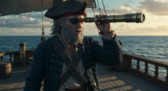 Weathered pirate captain using spyglass on wooden sailing ship deck