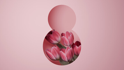 Background for International Women's Day from the number 8 and tulips. Happy Women's Day. March 8 banner image.