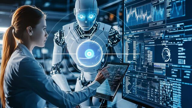 An expert engages with a humanoid robot while analyzing complex data in a modern lab setting during a collaborative project