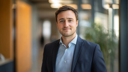 Fototapeta premium Confident businessman posing in a modern office setting, ideal for corporate communications