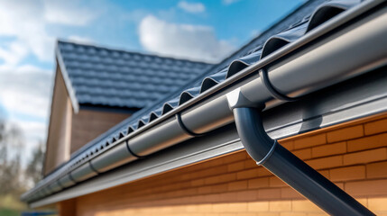 Naklejka premium A close-up view of a modern roof gutter with a sleek design, complemented by a tiled roof and a clear blue sky.