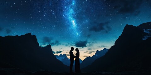 Fototapeta premium Couple's Romantic Silhouette Gazing at Majestic Night Sky Mountains