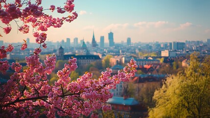Spring city panorama, cherry blossoms