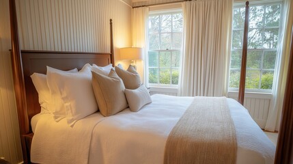 modern four-poster bed with crisp linens and neutral throw blankets