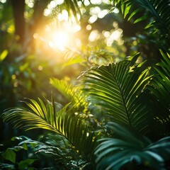 Lush Tropical Foliage Bathed in Golden Sunlight Creating a Serene and Exotic Atmosphere with Greenery and Sun Flare
