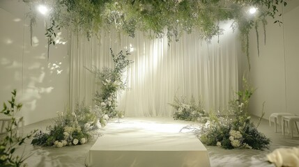 Fototapeta premium Elegant botanical wedding stage backdrop with floral decorations