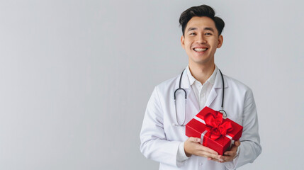 Asian smiling doctor, a medical professional, holding a gift box with a bow, care in healthcare field banner. Kindness, generosity, and appreciation within the medical community