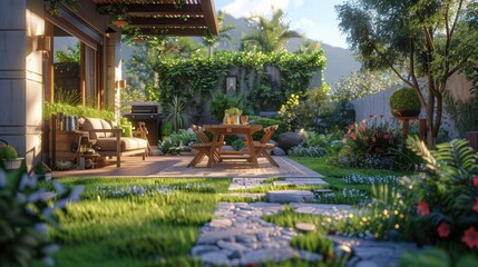 Obraz premium Serene Outdoor Garden Space with Cozy Seating and Lush Greenery