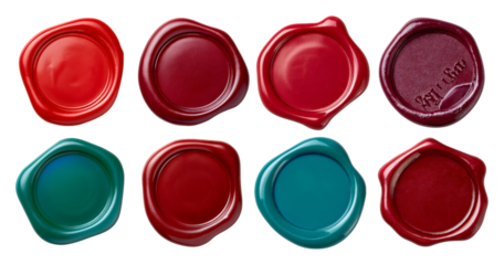 Colorful Wax Seals in Various Shapes and Rich Tones on White Background, isolated on transparent background