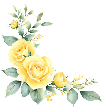 yellow roses Corner frame of watercolor, with minimal details and a simple illustration. Floristic design elements for floristics, Greeting card, Floral print, Plant painted background, Watercolour.