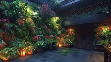 Fototapeta premium Lush Indoor Garden with Vibrant Flowers and Ambient Lighting
