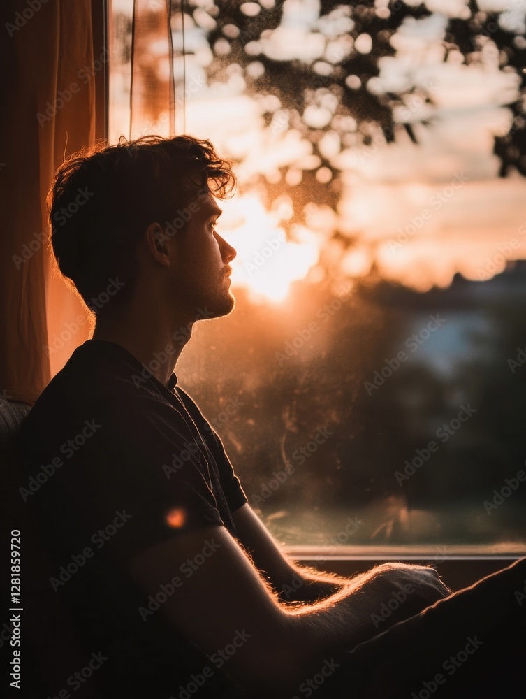Poster young man gazes thoughtfully out the window as the sun sets in the background. generative ai