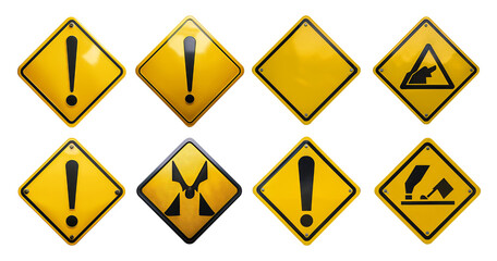 Warning Signs Collection in Bright Yellow Color for Safety, isolated on transparent background